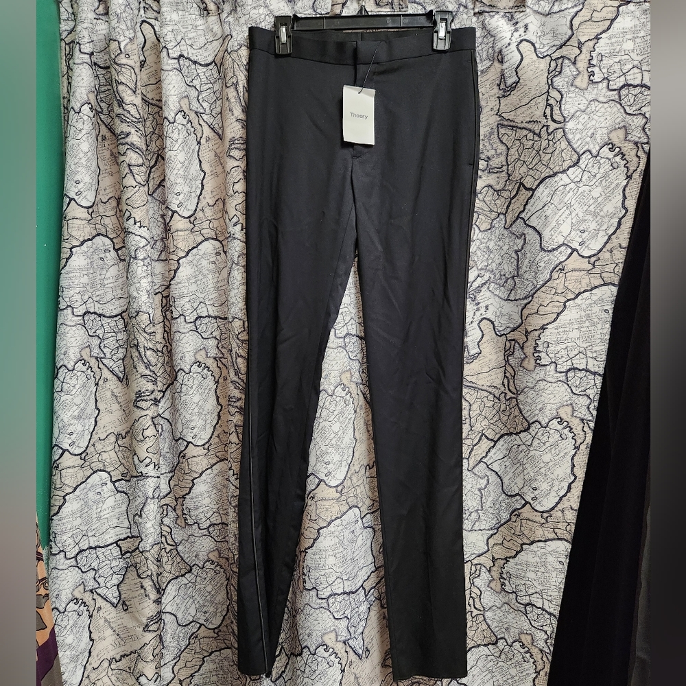 NWT Theory size 28 waist black dress pants with tuxedo piping.
